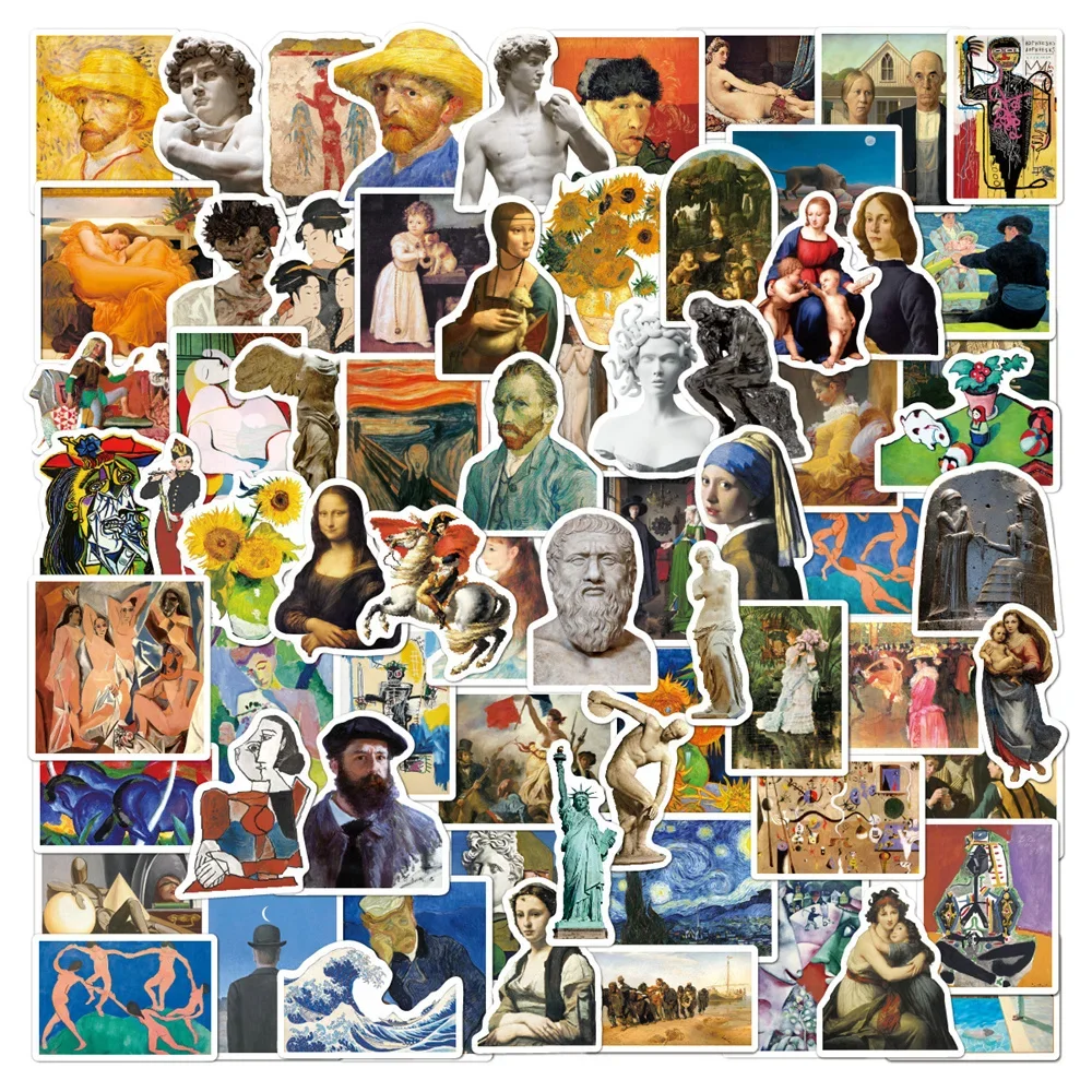 10/30/50pcs Oil Painting Art Famous Painting Mona Lisa Van Gogh Picasso David Sticker For Luggage Laptop Ipad Sticker Wholesale