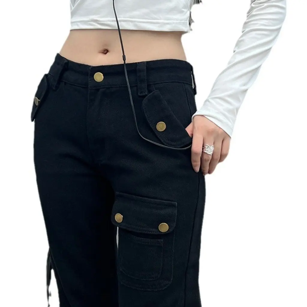 Damskie spodnie ogrodniczki z prostymi nogawkami, ciężki materiał, styl casual, dżinsy bootcut, luźny krój, dopasowane, modne spodnie uliczne, wiosna