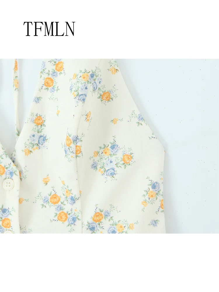 TFMLN 2023 Zomer Vrouwen Bloemenprint Halter Jurk Zoete Dames Single Breasted Party A-lijn Jurk Mode Causale Backless Jurk