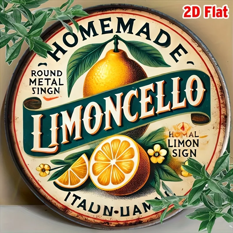 2D Flat – 1 Stück im Vintage-Stil, 20,32 x 20,32 cm, rundes Aluminium-Metallschild – „Hausgemachtes Limoncello“-Design, rustikale Zitrone und Blumen