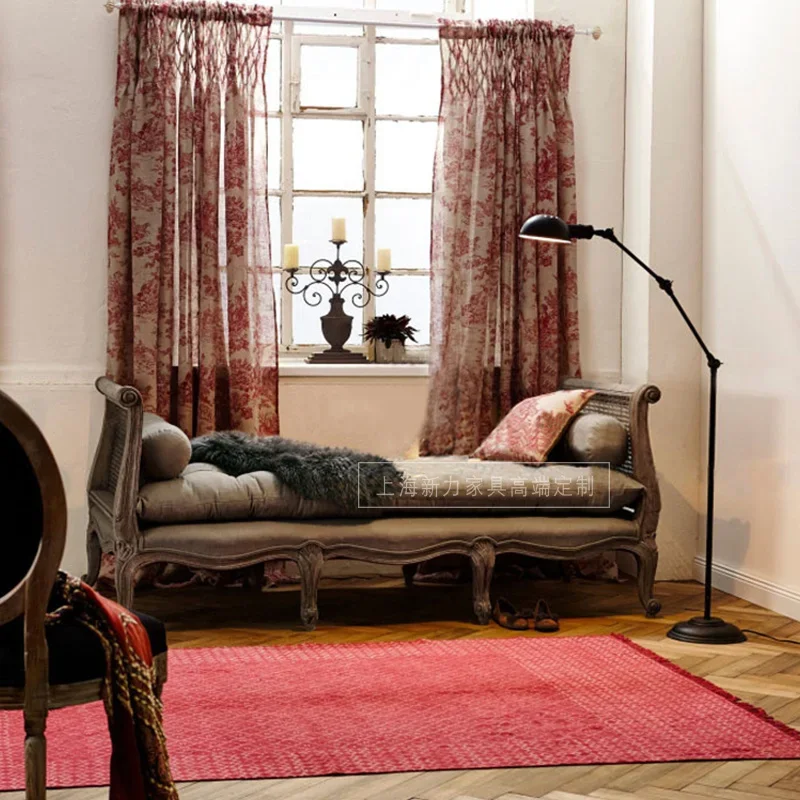 

European American solid wood rattan fabric sofa bed retro old living room chaise longue