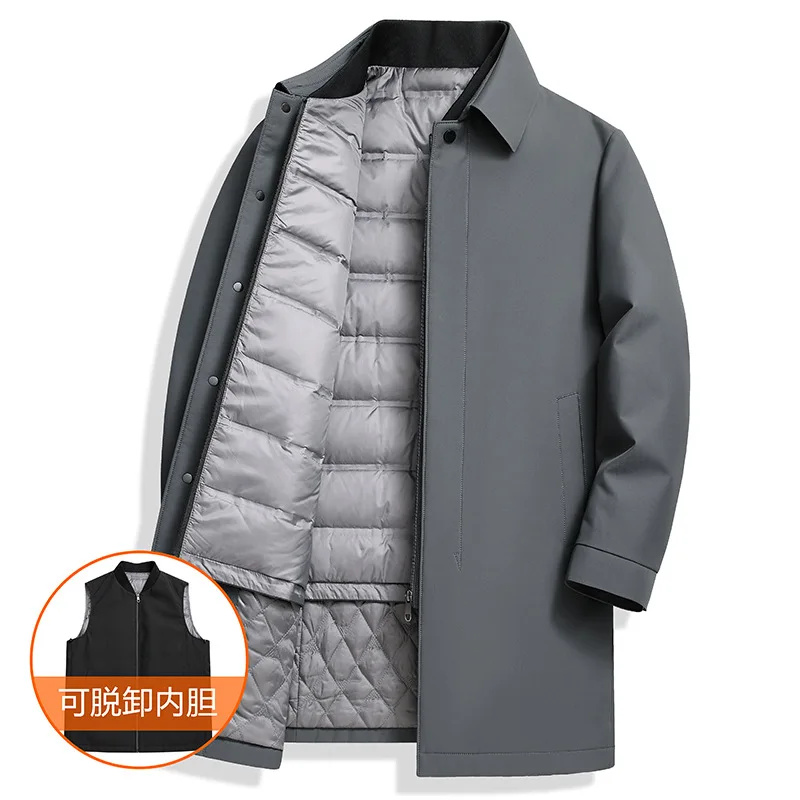 Mid-Length Trench Down Jacket Men 90% White Duck Down Business Casual Winter Coat With Detachable Liner 2 In 1 Outerwear JK-182
