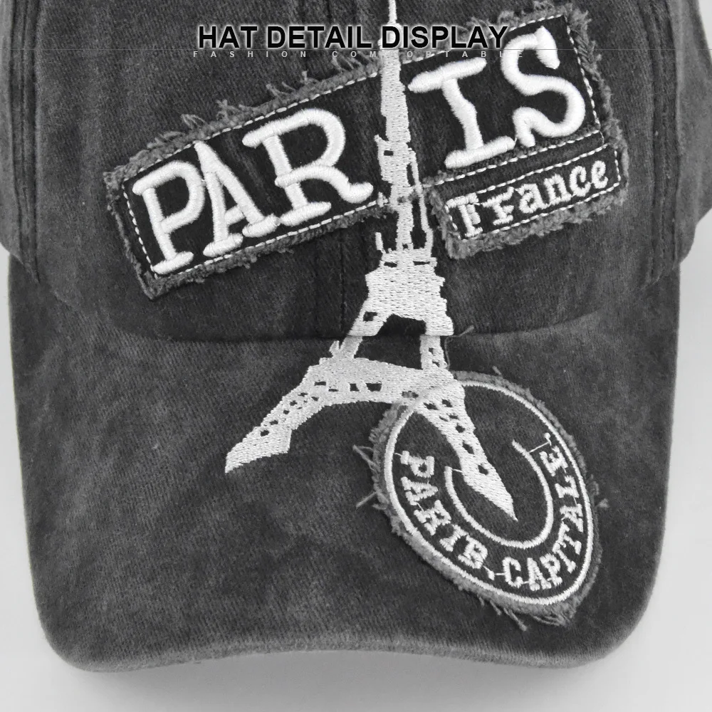 Baseball Cap Retro-style Sun hat Spring Autumn Wash water cowboy baseball cap Paris French Eiffel Tower Cap Hip Hop Fitted Cap