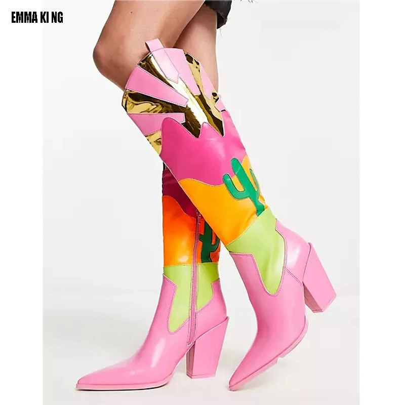 2023 Patchwork  Western Women Cowboy Boots Leather Knee High Shoes  Pink Cowgirl Pointed Toe Boots Cosplay Shoes 44