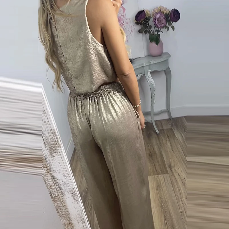 Fashion Solid High Waisted 2 Piece Set Elegant Lady Office Outfit Casual O Collar Sleeveless Vest Tops Matching Pocket Pants Set
