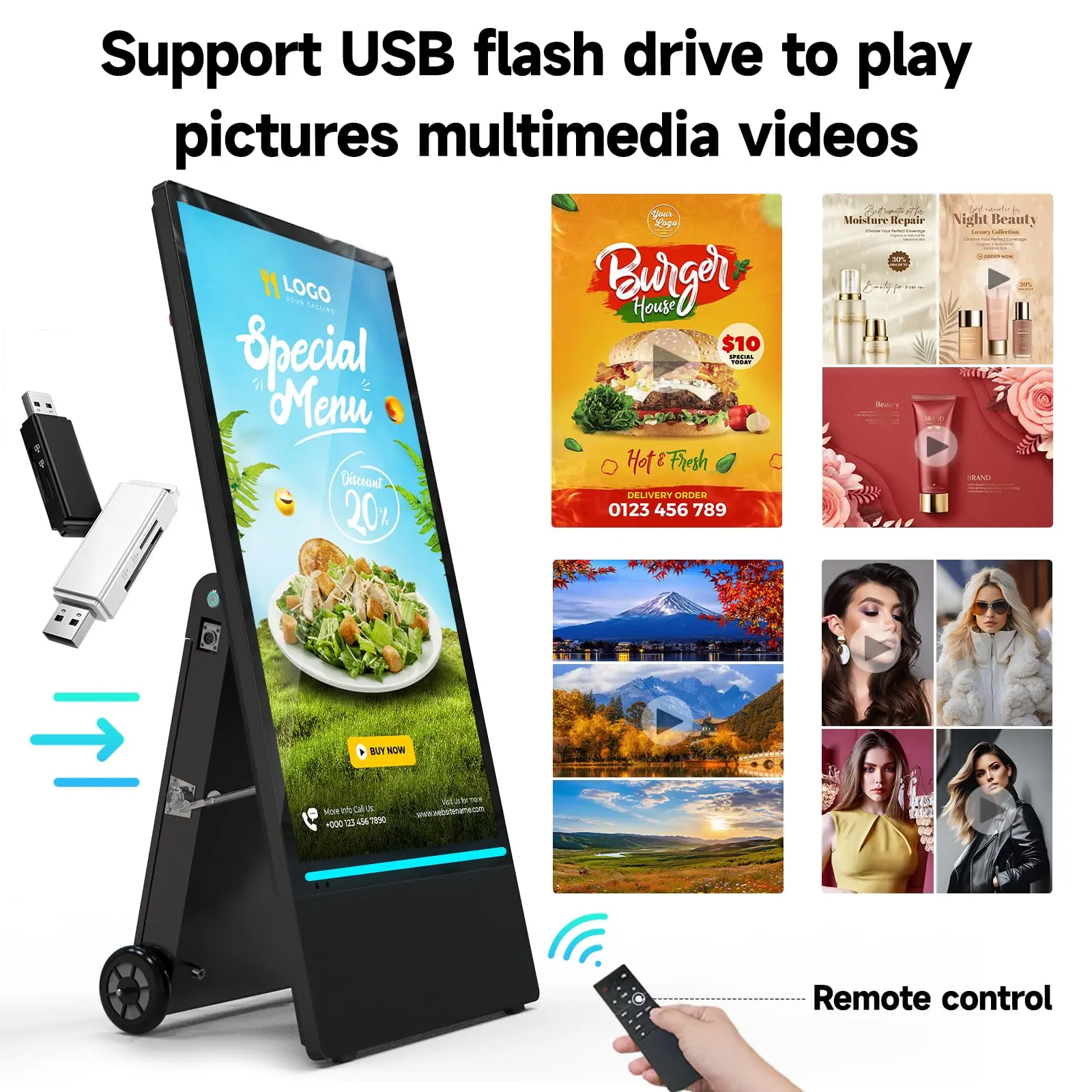 شاشات لافتات رقمية محمولة قابلة لإعادة الشحن مقاس 43 بوصة من MWE، مقاومة للماء IP55، شاشة مقسمة LCD ذكية، كشك متحرك