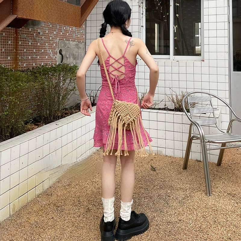 Y2k-女性のためのピンクの花のミニドレス,流行の夏服,オープンバック,ヴィンテージ,ストリートウェアスタイル,エレガント,休暇,ビーチスタイル