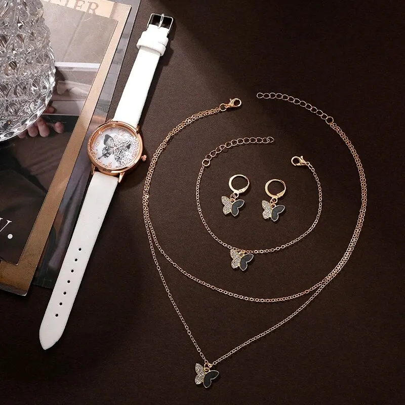 5PCS Set Luxury Watch Women Butterfly Necklace Earrings Bracelet Set Watches Leather Band Ladies Simple Dress Quartz WristWatch