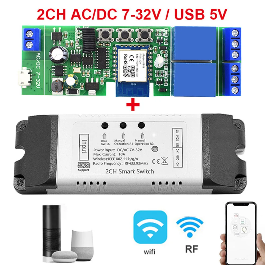 

2CH Wi-Fi/Zigbee Phone APP Пульт дистанционного управления AC/DC 7-32 В Беспроводной пульт дистанционного управления RF 433 МГц DIY Автоматизация умного дома для доступа к двери