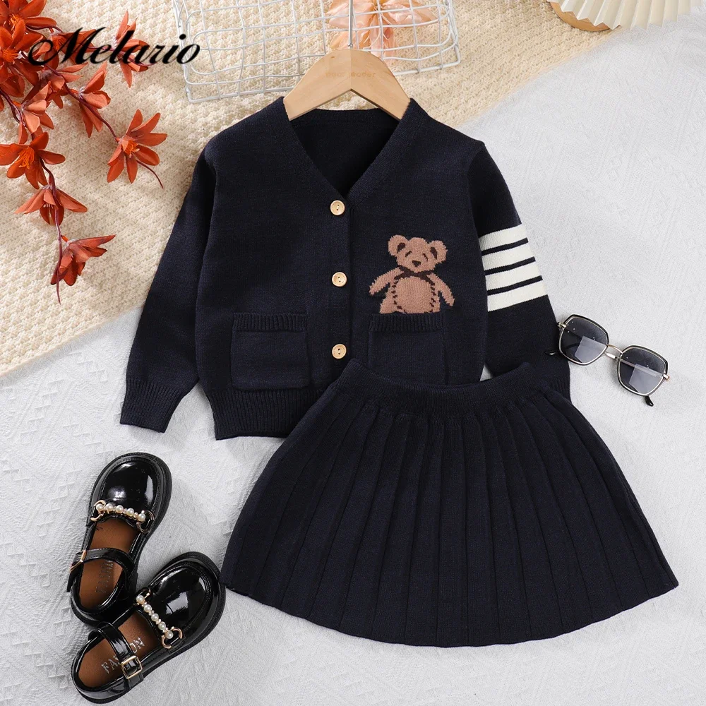 

Melario Girls Sweater Set Autumn Long Sleeve Knit Set New Girls V-Neck Little Bear Printed Knit Top+Pleated Skirt Two Piece Set