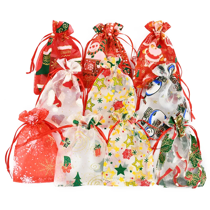 

10Pcs 10x15cm Multi-pattern Christmas Organza Gift Bag Jewelry Drawstring Pouches Bags Christmas Party Candy Gifts Packaging