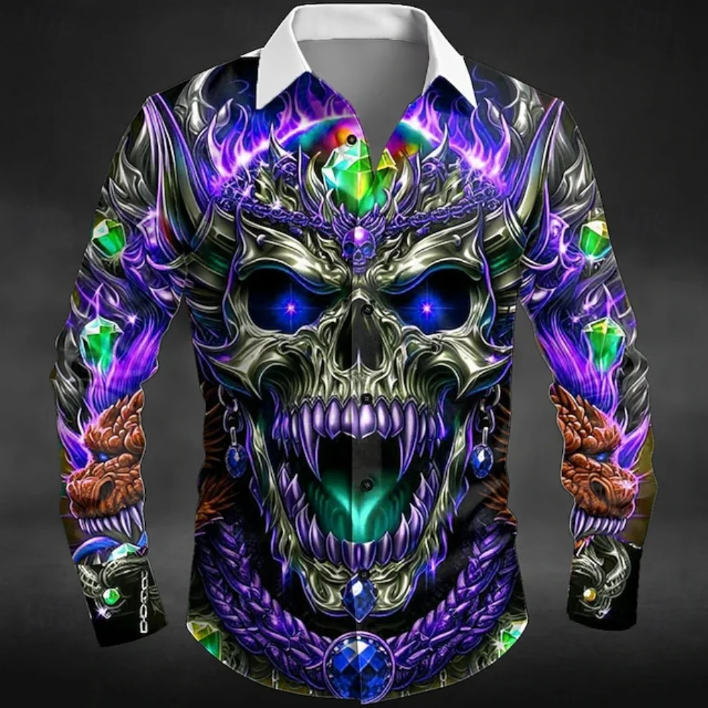 New Men's Long Sleeve Shirt Brick Skull Print Halloween Button Shirt Holiday Spring Autumn 3D Flap Shirt