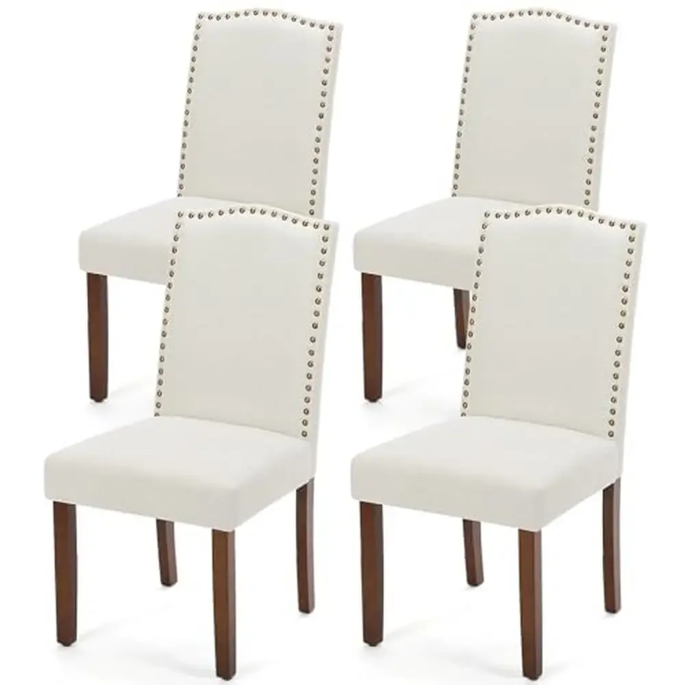 Mid-Century Modern Dining Chairs Set Upholstered Fabric Nailhead Trim Wood Legs Beige 4 Pack Comfy High Back Kitchen Living Room