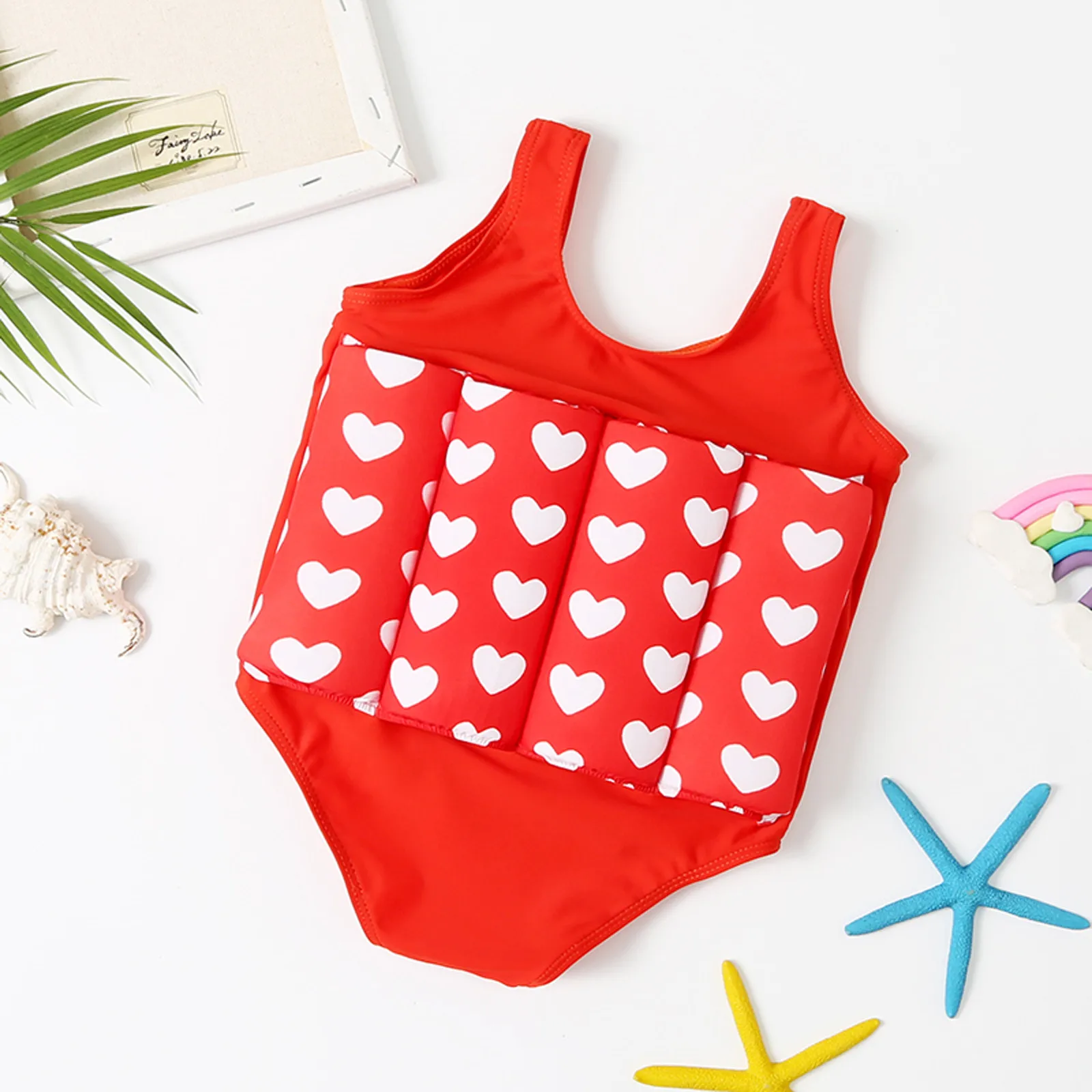 2022 Swimwear Baby Swimsuit Float Suit Toddler Cute Heart Print Swimwear Removable Buoyancy Sticks For Girls Bathing Suit Kids