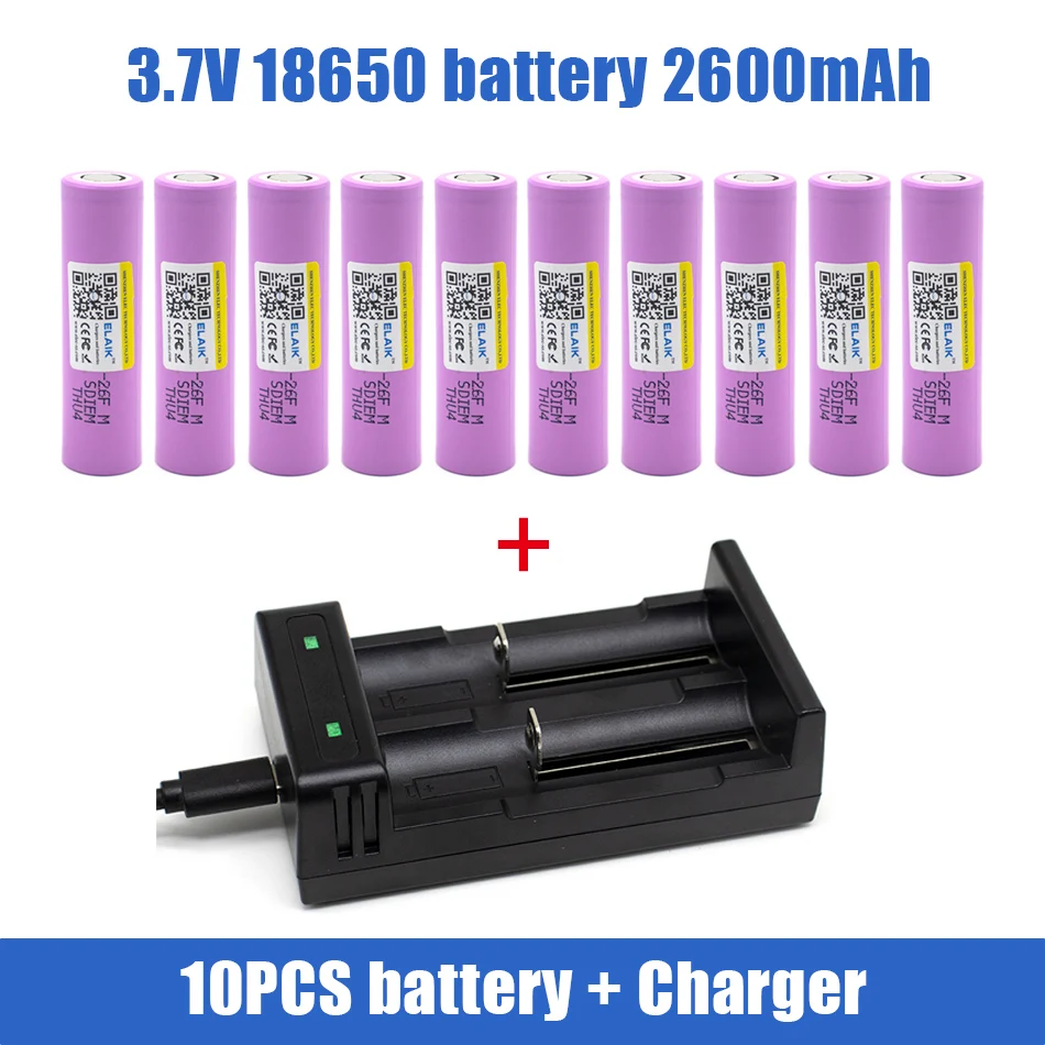 26F 18650 2600mAh Rechargeable Battery 3.7V ICR18650-26F High Drain 20A For Headlamp Torch Flashlight Power Bank,with charger