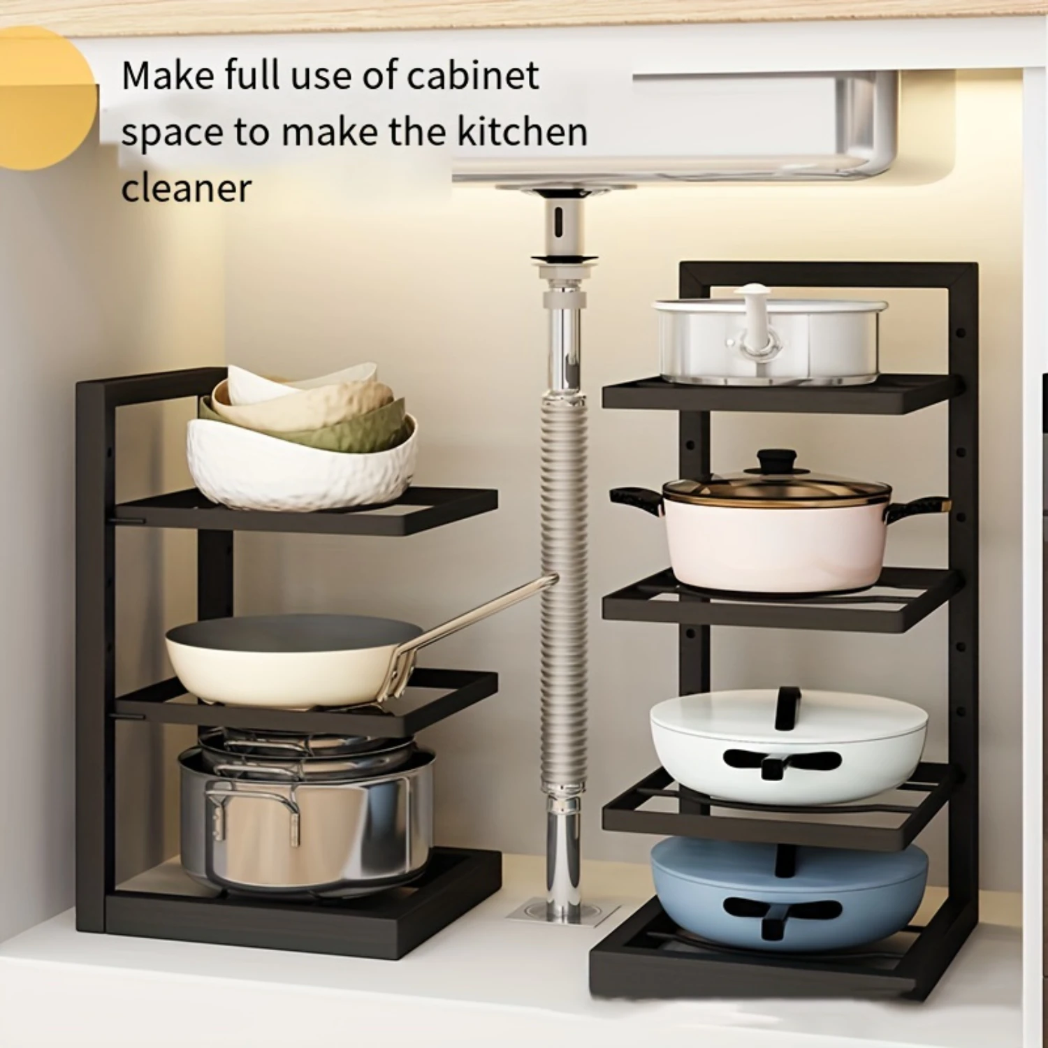 Multi-Tier Stainless Steel Kitchen Organizer - Space-Saving Pot Rack for Cabinet & Sink!