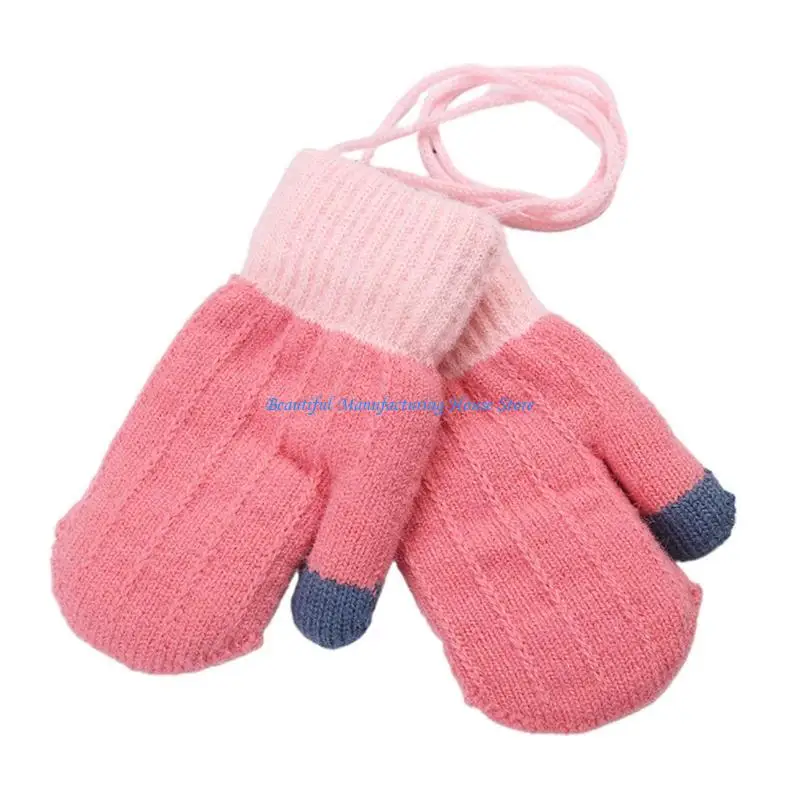 E56A Knitted Gloves for Toddlers Fuzzy Fleece Gloves with String Full Finger Mittens