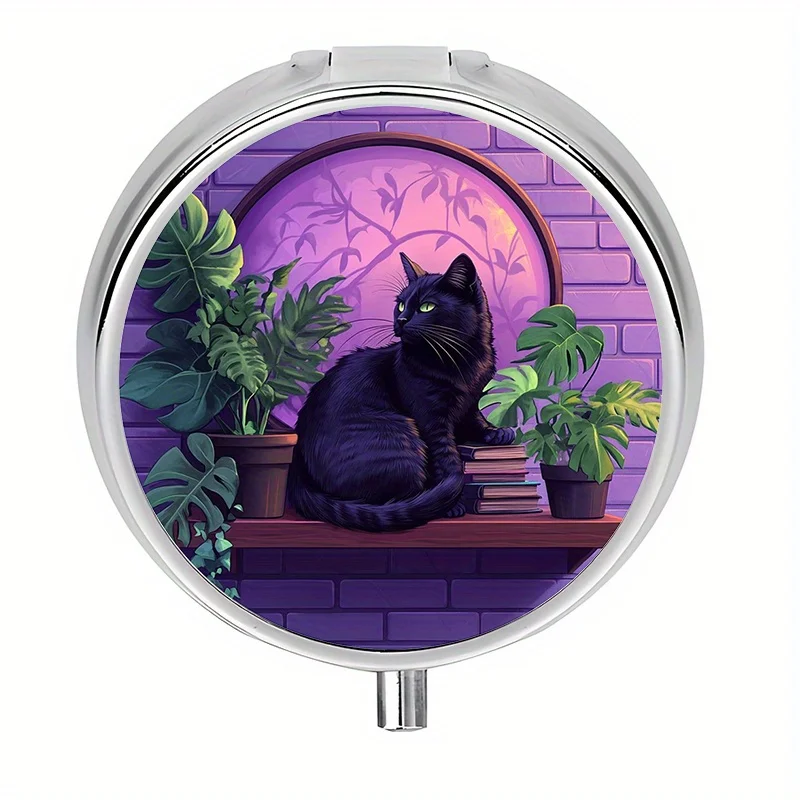 Single pack, mini pill box with 3 compartments, pill box with black cat pattern on wooden stand, portable home medicine organizer, suitable for putting in a handbag or purse, a perfect unique gift
