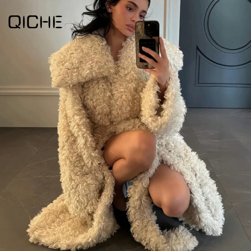 QICHE 2026 Women Lapel Belted Long Faux Fur Coat, Curly Lamb Fleece Maxi Outerwear, Warm Fall Winter Overcoat