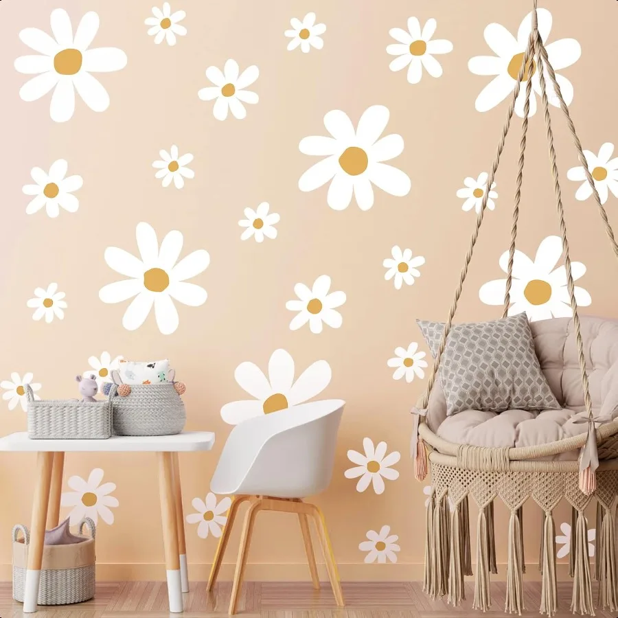 

12 Sheets Daisy Wall Decals Flower Wall Stickers Large Cute Daisy Stickers White Flower Decals Peel and Stick for ry Bedroom Li