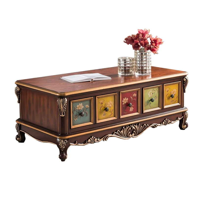 European coffee table solid wood hand-painted TV cabinet American style, living room furniture is 1.22 meters, retro carved rect