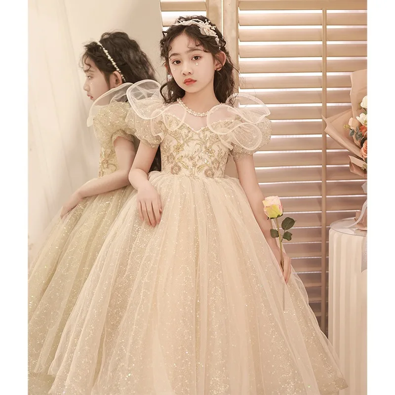 Champagne Flower Girl Dress Floral Lace Applique Children Wedding Party Gowns New Kids Clothes Princess First Communion Costume