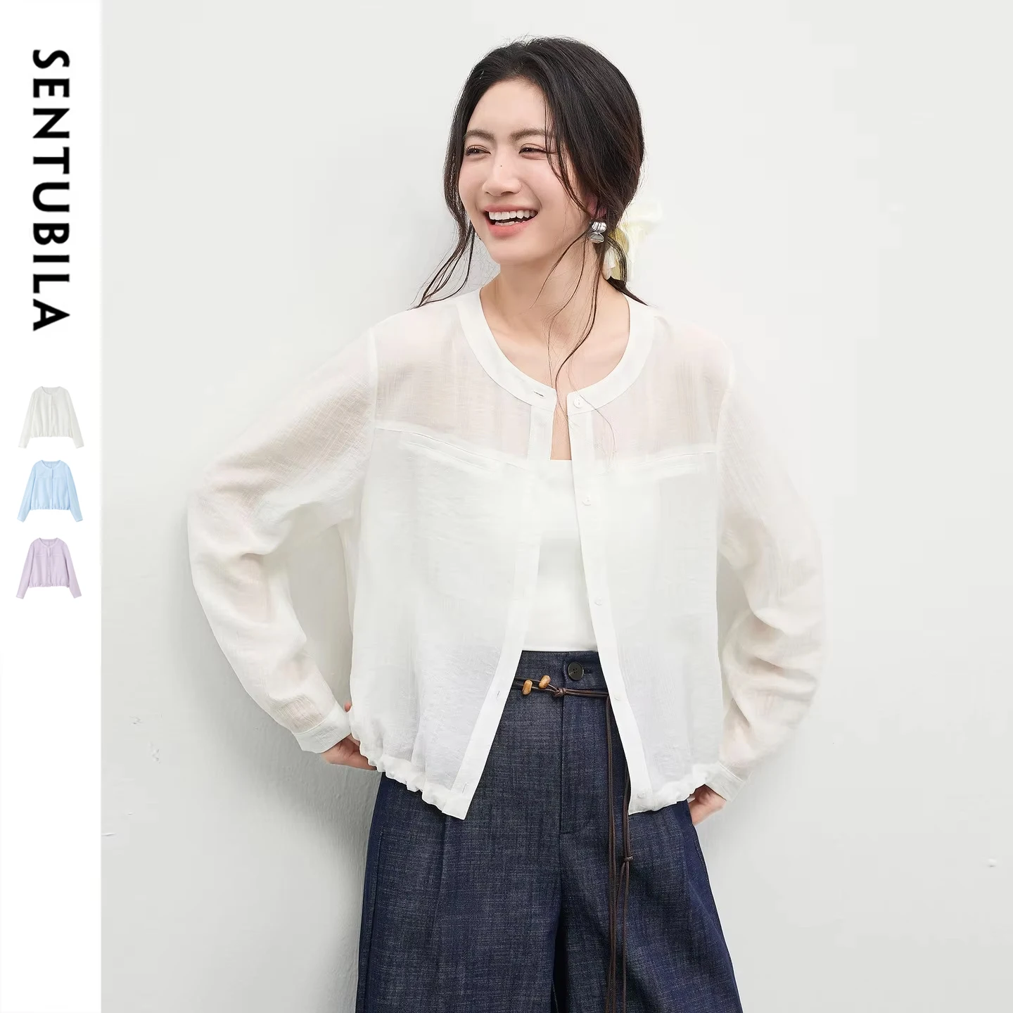 

SENTUBILA Women's Oversized Lyocell Shirt 2026 Spring Summer Round Neck Long Sleeve Drawstring Sheer Casual Top 161WB5014