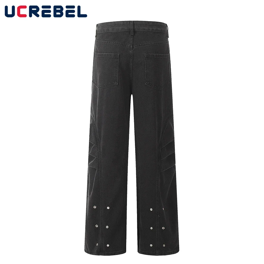 

Button Decoration Jeans Mens Spliced High Street Loose Straight Denim Pants Men Trousers