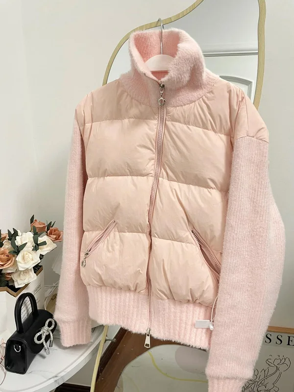 

Winter Women's Cotton Jacket Stand Collar Patchwork Warm Pink Korean Style Commute Loose Fit Long Sleeve Zipper Closure