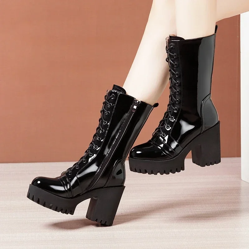 10cm Small Size 32-43 Fall Winter Genuine Leather Boots Platform Shoes 2024 Womens Block High Heels Mid Leg Boots Office Model