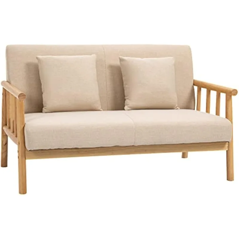 

48" 2-Seater Couch, Modern Loveseat Sofa for Bedroom, Living Room,Upholstered Small Couch with Throw Pillow and Wood Legs, Beige