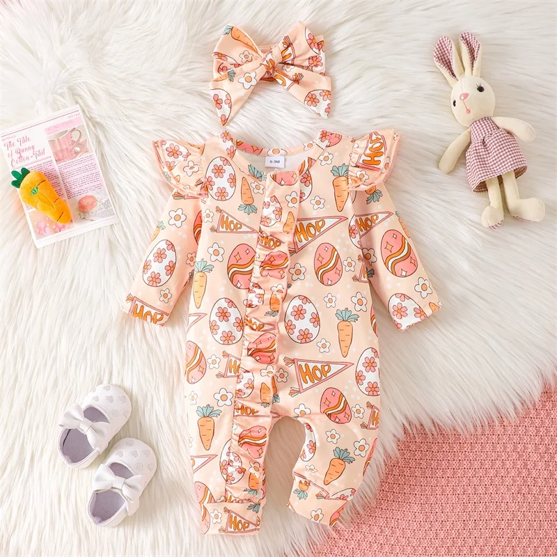 Toddler Girl Spring Floral Romper Long Sleeve O Neck Ruffle Jumpsuit with Bow Headband Set for Easter Party Outfit