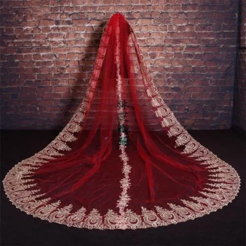 

New Red Lace edge 3M Wedding Veil 1 Tier Cathedral Bridal Veils with Comb wedding accessories cathedral wedding veil