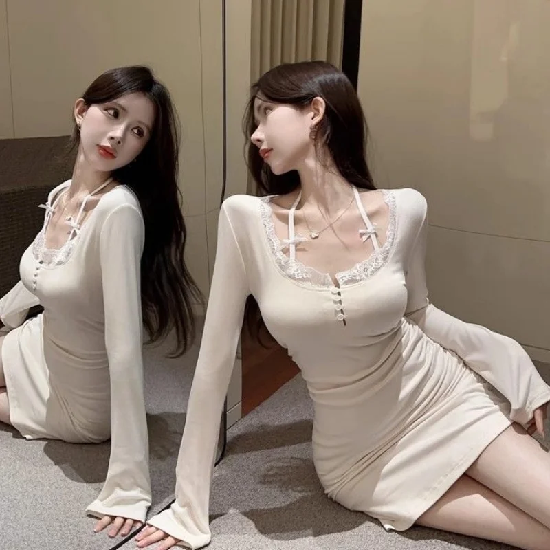 Damen Langarm-Minikleid mit Schmetterlingsknoten und Neckholder, Spitzenbesatz, Figurbetontes Wickelkleid, Sexy Urlaubskleid