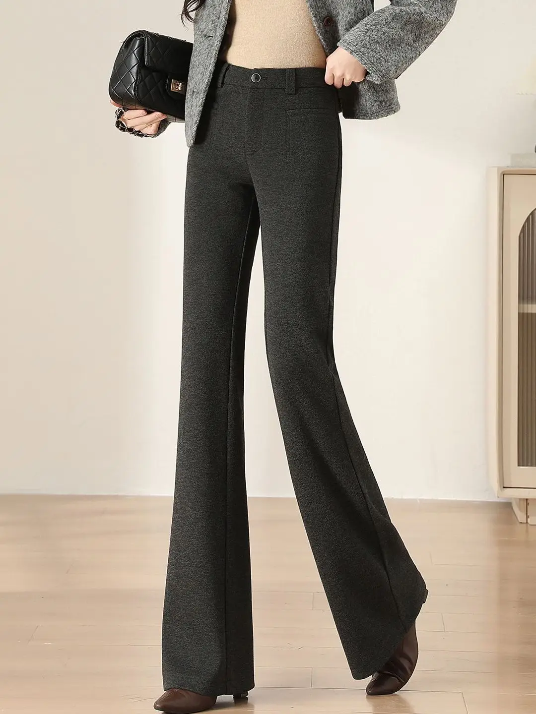 High Waist Slim Fit Tweed Micro Flared Pants Women's Casual Straight Leg Trousers Autumn Winter New Style Fashion Ladies' Pants