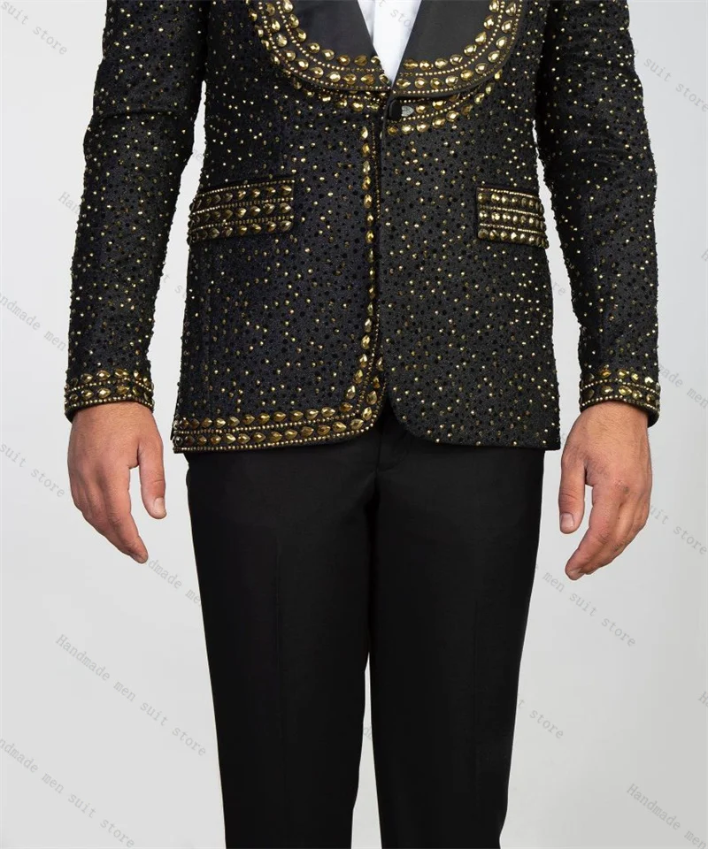 Black Men Suits 2 Piece Blazer+Pants Luxury Crystals Stone Wedding Tuxedo Coat Customized Formal Office Prom Jacket Trousers