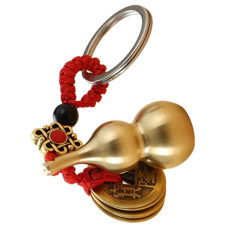 Large Copper Gourd Key Chain With Chinese Feng Shui Coins For Good Luck Fortune Bag Car Key Ornament Keyring