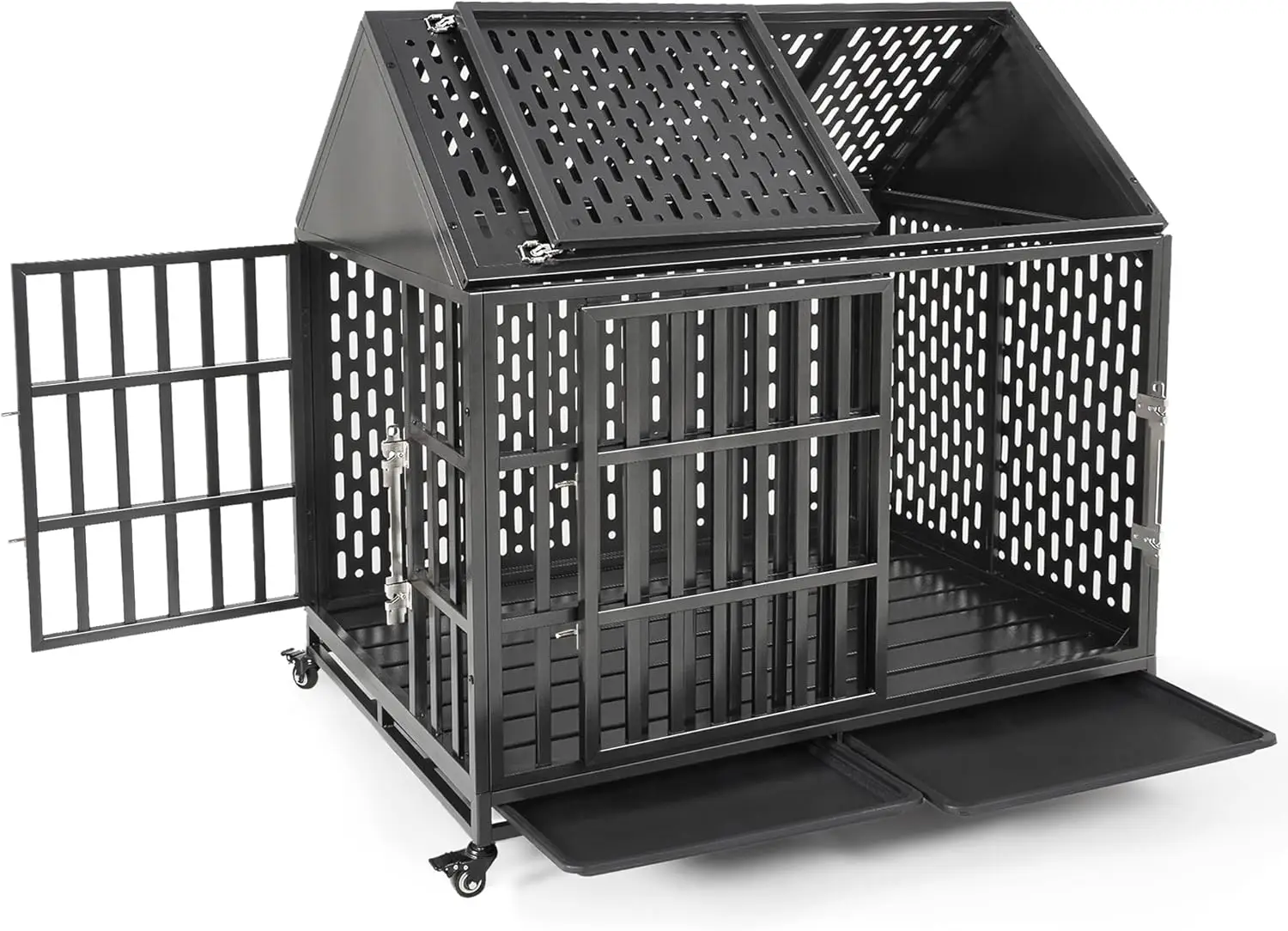 Heavy Duty Dog Crate with Self-Locking Latch for High Anxiety Dogs, 46 Inch Indestructible Large Kennel Indoor, Removable Trays