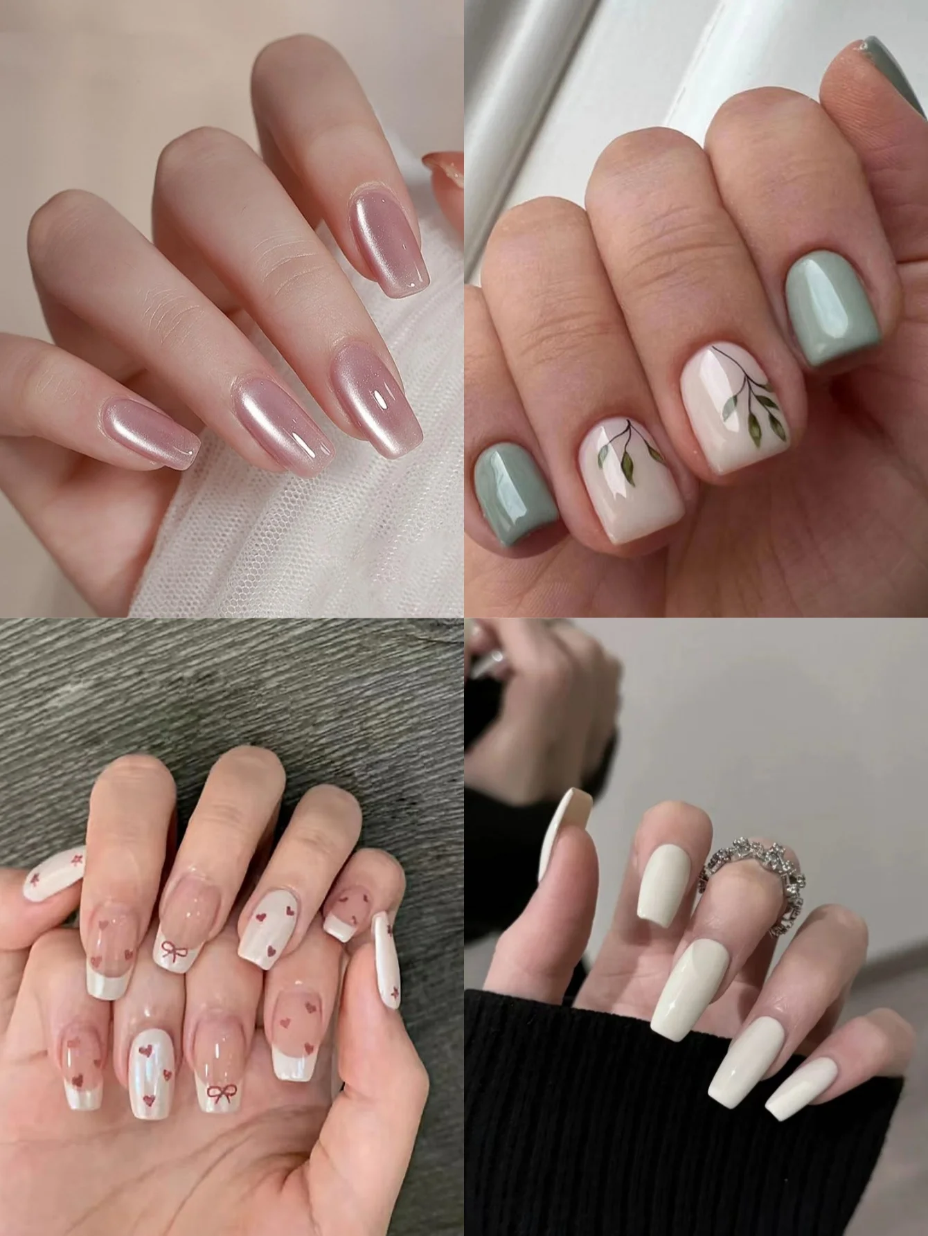 

Набор из 96 накладных ногтей: нюдово-розовый с эффектом кошачьего глаза, мятно-зеленый с узором листьев, розовый с бантиками и молочно-белые, для женщин, на каждый день