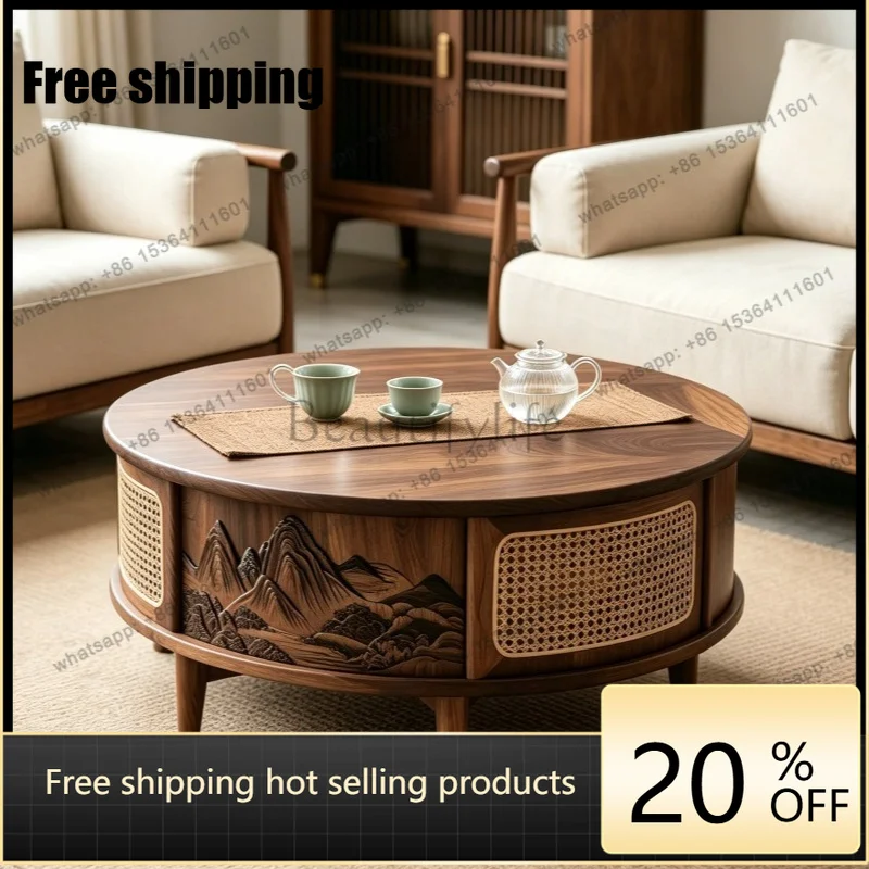 YJ medieval black walnut rock slab round coffee table with drawers storage living room modern simple rattan