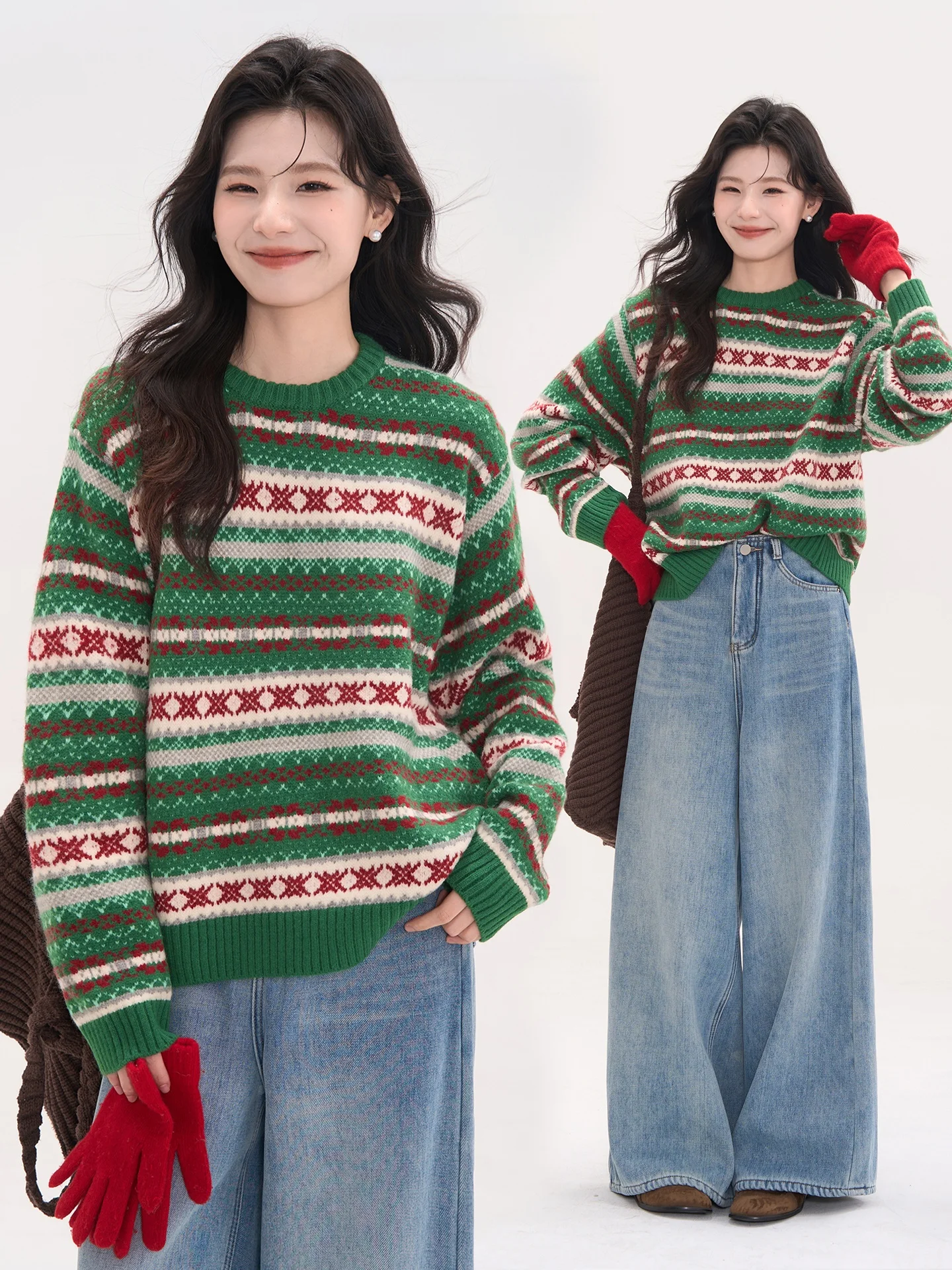 

Вязаный свитер с круглым вырезом и узором «Фейр-айл», винтажный стиль, для женщин, для повседневной носки...