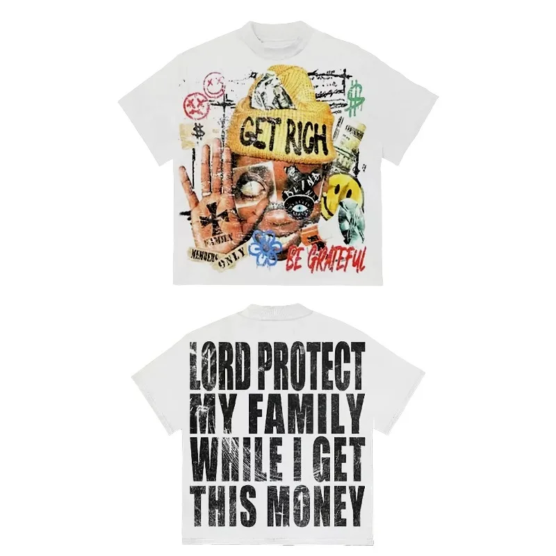 تي شيرت رجالي بنمط Y2K "حصل على الثراء والله يبارك عائلتك" شعار نمط الشارع بأكمام قصيرة قميص جريء المال الصيف