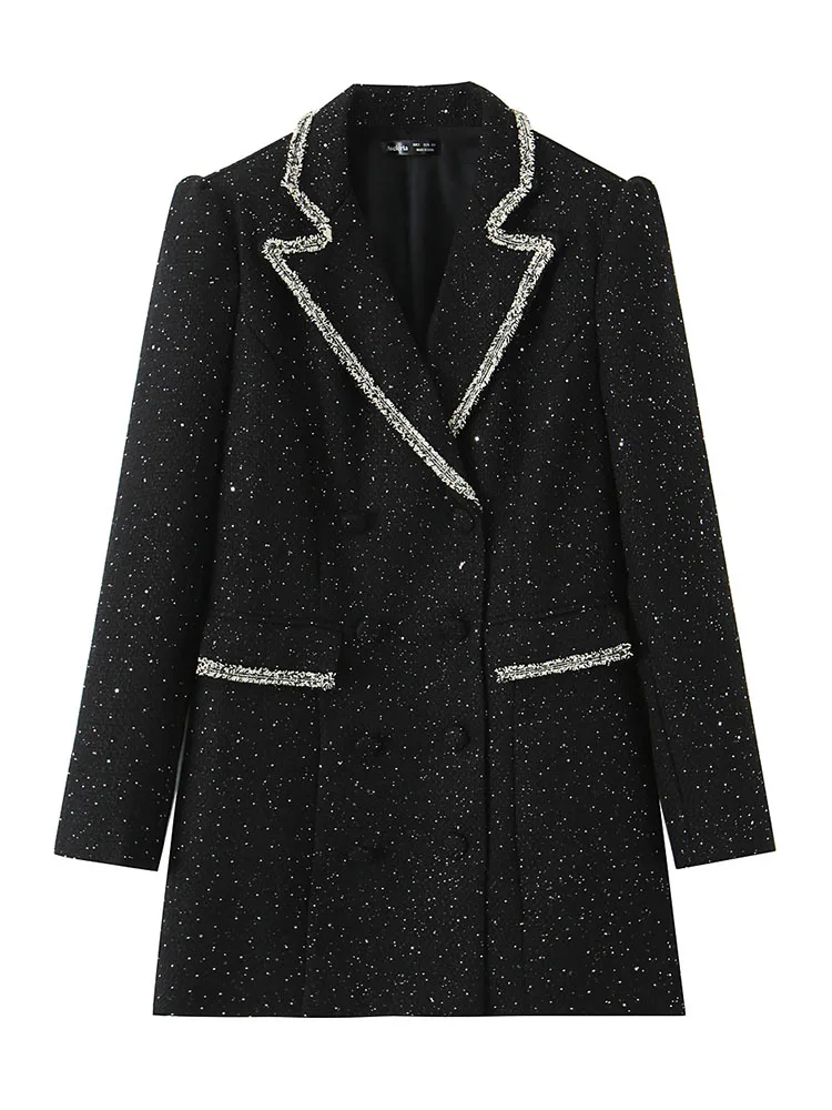 Hh moda feminina pequena fragrância lantejoulas retalhos blazer casaco feminino high street casual duplo breasted jaqueta de manga comprida