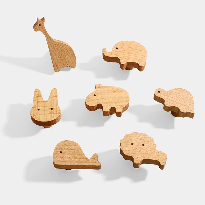 Cartoon Animal Solid Beech Wood Knob Single Hole Furniture Handle For Kids Room Wardrobe Cabinet Drawer