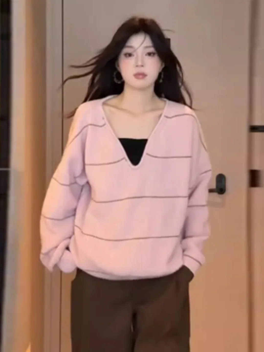 

Retro Korean Pink Striped Knit Sweater Women's Loose Slimming Casual Long Sve Overhead Top Autumn Winter Comfortable Cotton