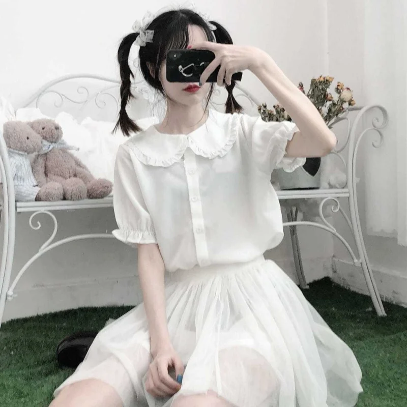 

Peter Pan Collar White Shirt Women's Short Sleeve 2022 Summer Japanese Girly Lolita Inner Jk Shirt Puff Sleeve Top