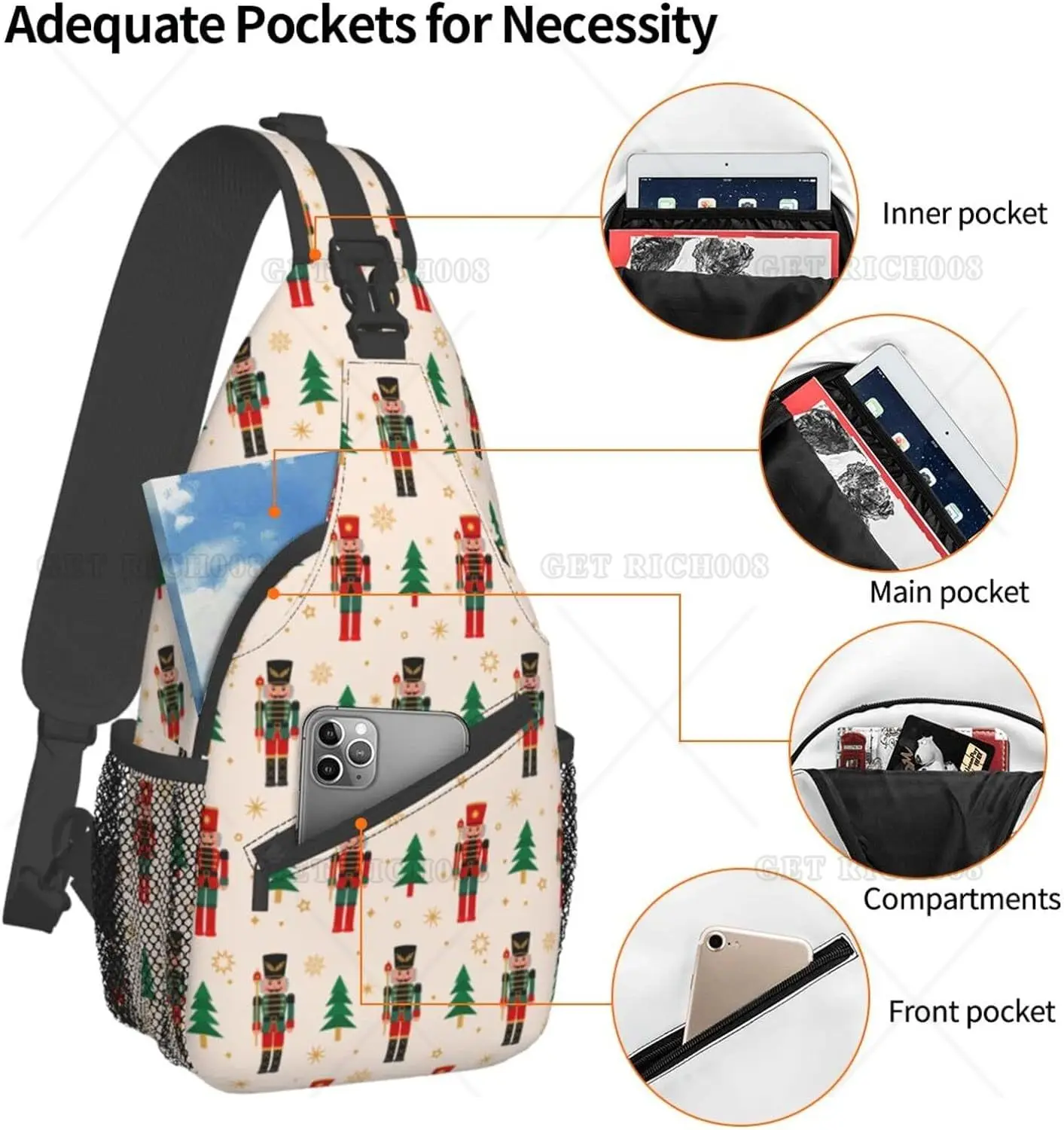 Nutcracker Chest Bags Holiday Xmas Crossbody Sling Bag Travel Hiking One Size Christmas Gift Casual Shoulder for Women Men