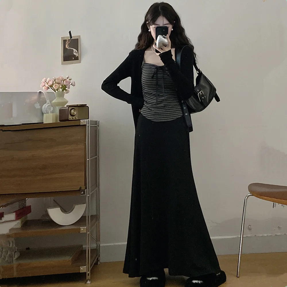 Conjunto de Saia Slimming de Cintura Alta com Cardigan Listrado Aberto, Tamanho Plus, Moda Coreana, Nova Chegada de Outono para Mulheres