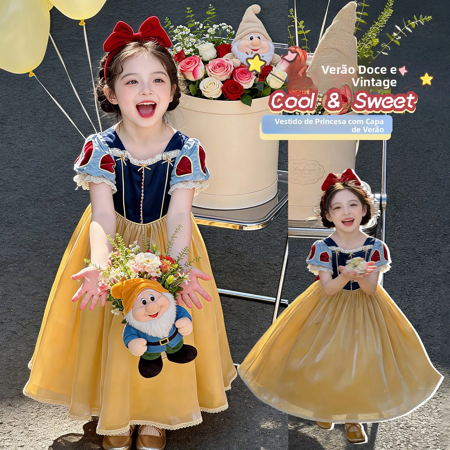 Vestido Longo Estilo Princesa com Xale para Meninas, Fantasia de Conto de Fadas para Aniversário e Fotografia