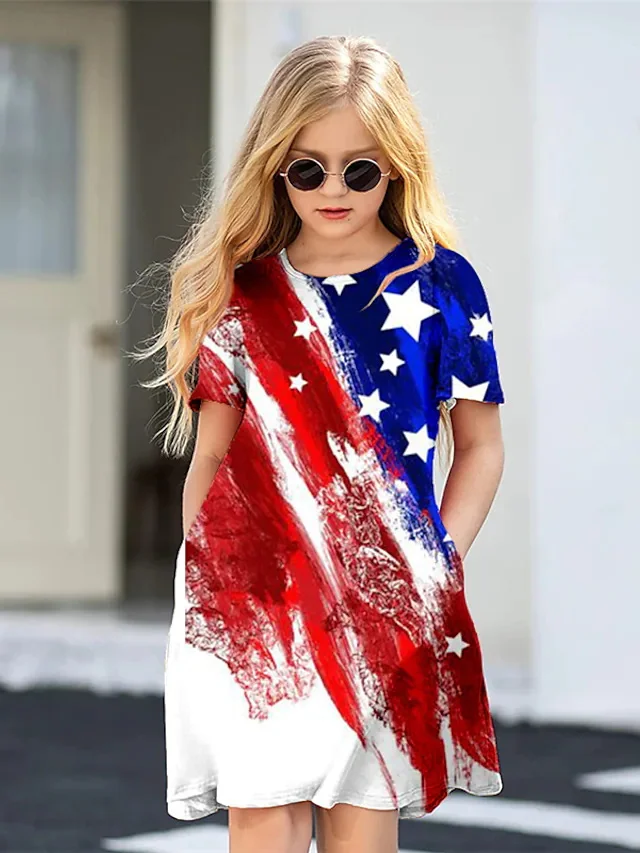 Summer rice flag graphic print girls off-the-shoulder round neck fashion dress hot sale